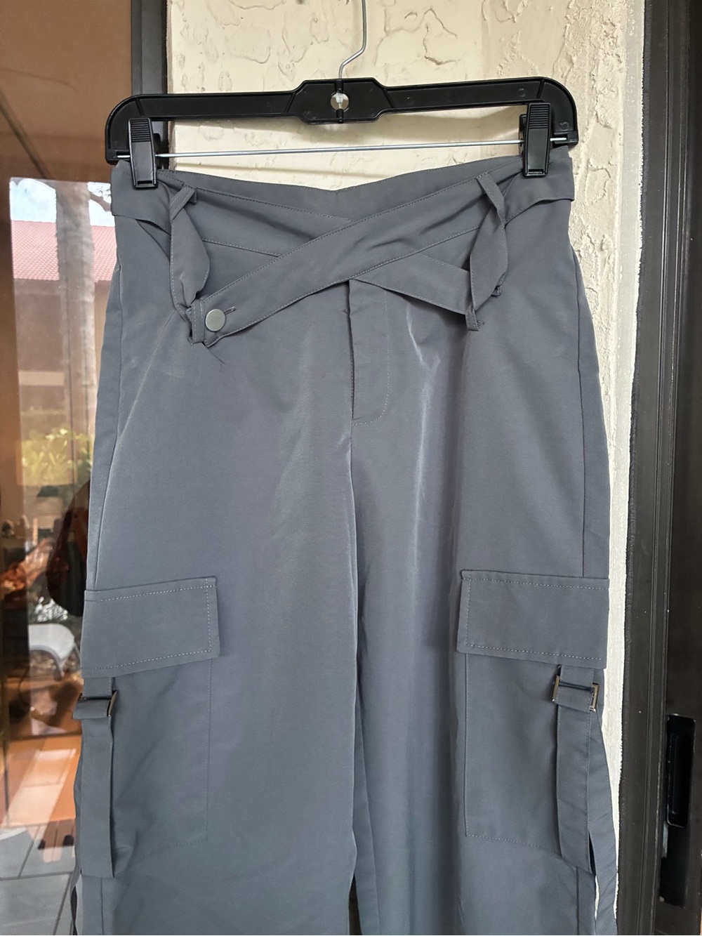 ✨ Y2K SHEIN Grey Cross-Wrap Asymmetric Waist Wide Leg Cargo Pants Small - Picture 3 of 9
